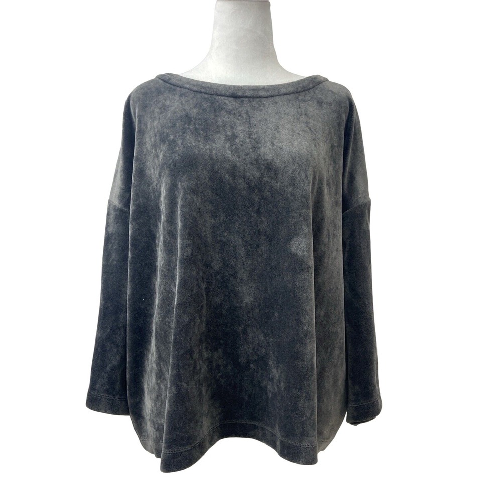 Pure Jill T-Shirt Womens L Gray Boat Neck 3/4 Sleeve Velour Relaxed Basic Top